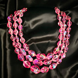 VINTAGE 3 STRAND PLASTIC CRYSTAL PINK AURORA NECKLACE