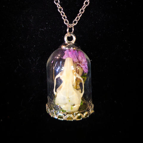 RAT SKULL UNDER GLASS CLOCHE NECKLACE PURPLE FLOWER