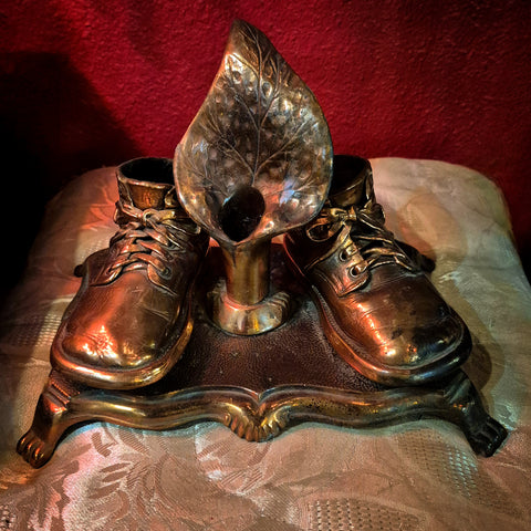 VINTAGE BRONZE BABY SHOES AND WITH CANDLE HOLDER